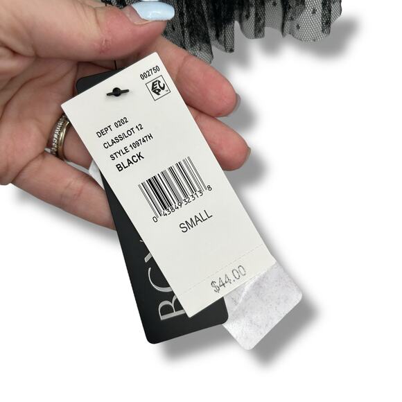 NEW BCX Black Mesh Clip Dot Top Size Small Long Sleeve Ruffle Polka Dot Ribbed - Picture 9 of 10